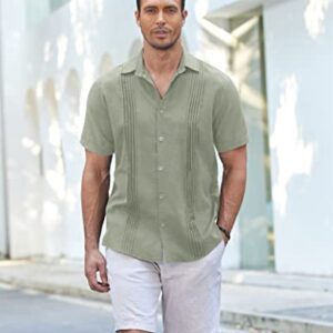 COOFANDY Beach Shirt Linen Guayabera Shirt Mexican Button Up Shirts Beach Casual Light Green