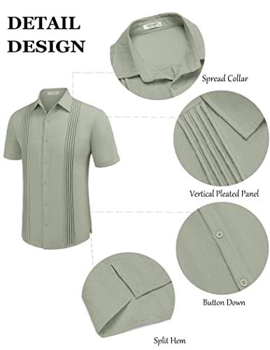 COOFANDY Beach Shirt Linen Guayabera Shirt Mexican Button Up Shirts Beach Casual Light Green