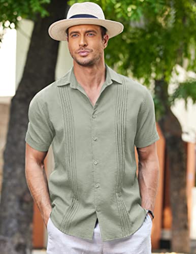 COOFANDY Beach Shirt Linen Guayabera Shirt Mexican Button Up Shirts Beach Casual Light Green