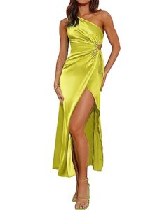 merokeety summer dress for women 2023 satin one shoulder sleeveless wedding guest maxi dress,olive,m