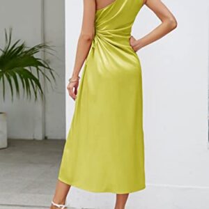 MEROKEETY Summer Dress for Women 2023 Satin One Shoulder Sleeveless Wedding Guest Maxi Dress,Olive,M