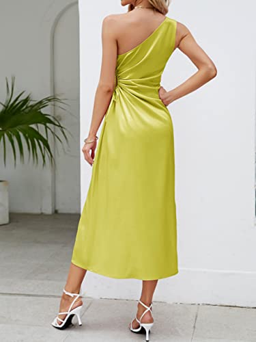 MEROKEETY Summer Dress for Women 2023 Satin One Shoulder Sleeveless Wedding Guest Maxi Dress,Olive,M