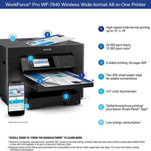 Epson Workforce Pro WF-7840 Wide-Format All-in-One Wireless Color Inkjet Printer, Black - Print Scan Copy Fax - 4.3" LCD, 25 ppm, 4800x2400 dpi, 13"x19", 50-Sheet ADF, Auto 2-Sided Printing, Ethernet