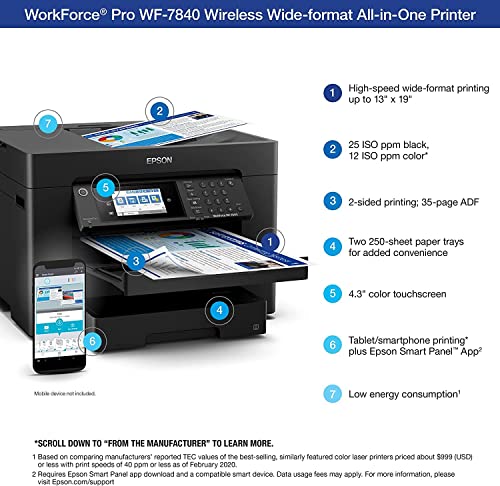 Epson Workforce Pro WF-7840 Wide-Format All-in-One Wireless Color Inkjet Printer, Black - Print Scan Copy Fax - 4.3" LCD, 25 ppm, 4800x2400 dpi, 13"x19", 50-Sheet ADF, Auto 2-Sided Printing, Ethernet