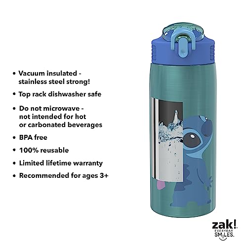 Zak Designs Disney Lilo and Stitch Water Bottle for Travel and At Home, 19 oz Vacuum Insulated Stainless Steel with Locking Spout Cover, Built-In Carrying Loop, Leak-Proof Design (Stitch)