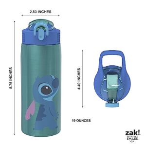 Zak Designs Disney Lilo and Stitch Water Bottle for Travel and At Home, 19 oz Vacuum Insulated Stainless Steel with Locking Spout Cover, Built-In Carrying Loop, Leak-Proof Design (Stitch)