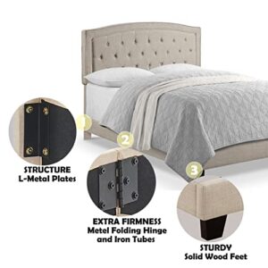 Rosevera Jordana Panel Bed Frame with Ajustable Button-Tufted Headboard for Bedroom/Linen Upholstered/Wood Slat Support/Easy Assembly, King, Beige