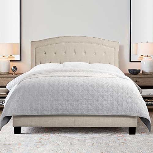 Rosevera Jordana Panel Bed Frame with Ajustable Button-Tufted Headboard for Bedroom/Linen Upholstered/Wood Slat Support/Easy Assembly, King, Beige