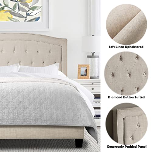 Rosevera Jordana Panel Bed Frame with Ajustable Button-Tufted Headboard for Bedroom/Linen Upholstered/Wood Slat Support/Easy Assembly, King, Beige