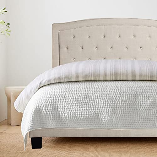 Rosevera Jordana Panel Bed Frame with Ajustable Button-Tufted Headboard for Bedroom/Linen Upholstered/Wood Slat Support/Easy Assembly, King, Beige