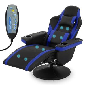 monibloom gaming recliner chair with speaker massage gaming chair with detachable lumbar pad and headrest, ergonomic theater chair living room gamer chair with cup holder and storage bag, blue