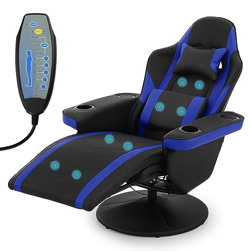 MoNiBloom Gaming Recliner Chair with Speaker Massage Gaming Chair with Detachable Lumbar Pad and Headrest, Ergonomic Theater Chair Living Room Gamer Chair with Cup Holder and Storage Bag, Blue