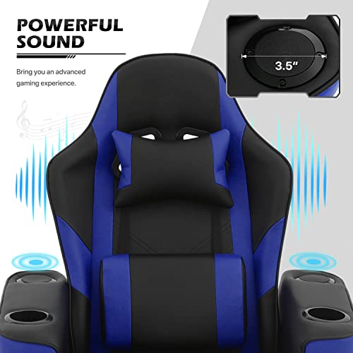 MoNiBloom Gaming Recliner Chair with Speaker Massage Gaming Chair with Detachable Lumbar Pad and Headrest, Ergonomic Theater Chair Living Room Gamer Chair with Cup Holder and Storage Bag, Blue