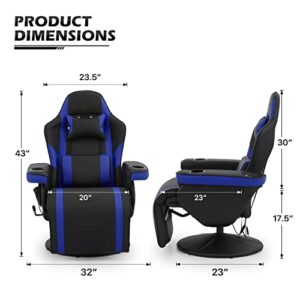 MoNiBloom Gaming Recliner Chair with Speaker Massage Gaming Chair with Detachable Lumbar Pad and Headrest, Ergonomic Theater Chair Living Room Gamer Chair with Cup Holder and Storage Bag, Blue