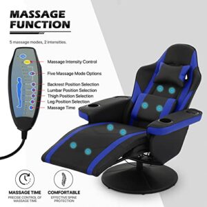 MoNiBloom Gaming Recliner Chair with Speaker Massage Gaming Chair with Detachable Lumbar Pad and Headrest, Ergonomic Theater Chair Living Room Gamer Chair with Cup Holder and Storage Bag, Blue