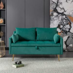 LukeAlon Modern 52" Wide Velvet Loveseat Sofa, Button Tufted Upholstered Counch with Gold Metal Legs Classic Storage Love Seats with Pillows for Living Room Small Places, Green