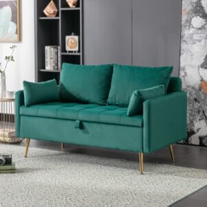 lukealon modern 52" wide velvet loveseat sofa, button tufted upholstered counch with gold metal legs classic storage love seats with pillows for living room small places, green