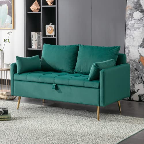 LukeAlon Modern 52" Wide Velvet Loveseat Sofa, Button Tufted Upholstered Counch with Gold Metal Legs Classic Storage Love Seats with Pillows for Living Room Small Places, Green