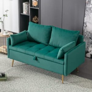 LukeAlon Modern 52" Wide Velvet Loveseat Sofa, Button Tufted Upholstered Counch with Gold Metal Legs Classic Storage Love Seats with Pillows for Living Room Small Places, Green