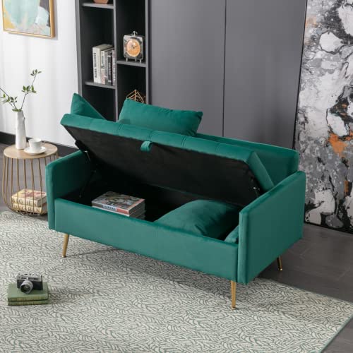 LukeAlon Modern 52" Wide Velvet Loveseat Sofa, Button Tufted Upholstered Counch with Gold Metal Legs Classic Storage Love Seats with Pillows for Living Room Small Places, Green