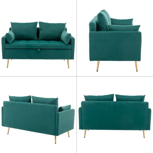 LukeAlon Modern 52" Wide Velvet Loveseat Sofa, Button Tufted Upholstered Counch with Gold Metal Legs Classic Storage Love Seats with Pillows for Living Room Small Places, Green