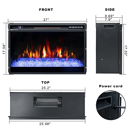 Oxhark Flame 26 Inches Electric Fireplace Inserts, 1500W Recessed Fireplace Electric with Remote Control, Crystal, Overheating Protection and Timer, Black