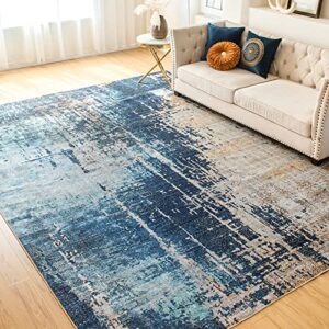 vk living washable rug 5x7 modern abstract machine washable area rugs anti slip backing washable rugs for living room, bedroom, home decor, blue