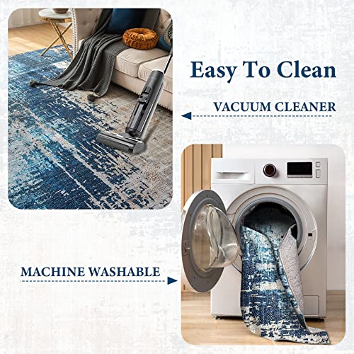 VK Living Washable Rug 5x7 Modern Abstract Machine Washable Area Rugs Anti Slip Backing Washable Rugs for Living Room, Bedroom, Home Decor, Blue