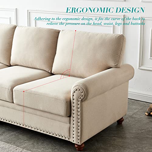 KoiHome Upholstered Sofa with Storage, Sleeper Couch Chaise with Nail Decoration, Modern 3-Seater with Seat Cushion & Wood Leg, Furniture for Living Room,Bedroom,Office,Relax Lounge, Polyester, Beige