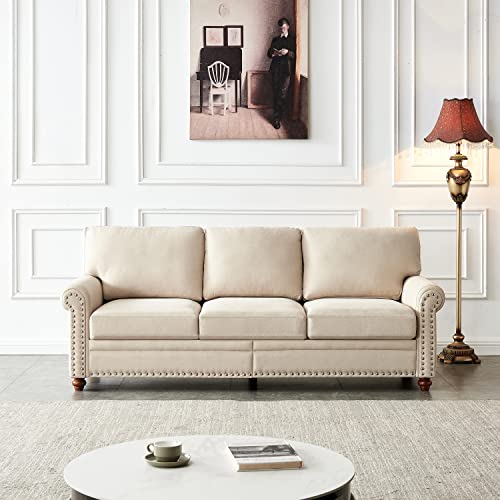 KoiHome Upholstered Sofa with Storage, Sleeper Couch Chaise with Nail Decoration, Modern 3-Seater with Seat Cushion & Wood Leg, Furniture for Living Room,Bedroom,Office,Relax Lounge, Polyester, Beige