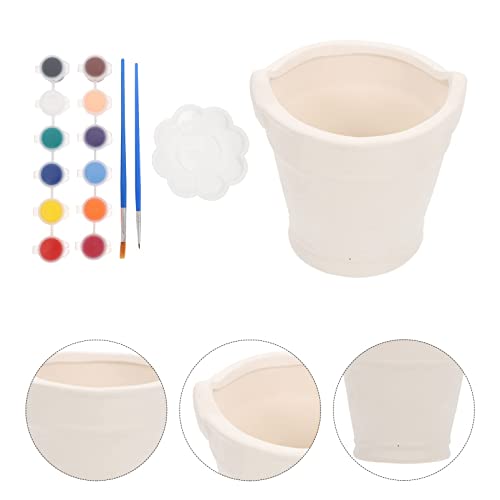 WIAMEE 1 Set DIY Coloring Flower Pot Painting Pigment with Mixing Plate DIY Graffiti Planter Pot with Brush Pen DIY Handicrafts Bonsai for Home Office Garden
