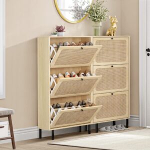 Sweiko 3 Flip Drawer Shoe Cabinet Natural Rattan Shoe Cabinet Organizer Freestanding Wooden Shoe Rack Storage Cabinet with Metal Legs for Entryway Hallway Bedroom Mudroom