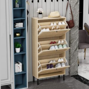 Sweiko 3 Flip Drawer Shoe Cabinet Natural Rattan Shoe Cabinet Organizer Freestanding Wooden Shoe Rack Storage Cabinet with Metal Legs for Entryway Hallway Bedroom Mudroom