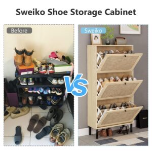 Sweiko 3 Flip Drawer Shoe Cabinet Natural Rattan Shoe Cabinet Organizer Freestanding Wooden Shoe Rack Storage Cabinet with Metal Legs for Entryway Hallway Bedroom Mudroom