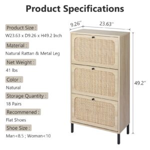 Sweiko 3 Flip Drawer Shoe Cabinet Natural Rattan Shoe Cabinet Organizer Freestanding Wooden Shoe Rack Storage Cabinet with Metal Legs for Entryway Hallway Bedroom Mudroom