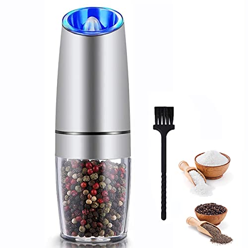 Gravity Electric Salt and Pepper Grinder with blue LED Light, Automatic Pepper and Salt Mill with Adjustable Coarseness, One Hand Operated Stainless Steel with Bush, Housewam Gift Yimilife