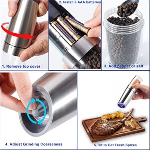 Gravity Electric Salt and Pepper Grinder with blue LED Light, Automatic Pepper and Salt Mill with Adjustable Coarseness, One Hand Operated Stainless Steel with Bush, Housewam Gift Yimilife