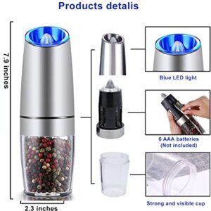 Gravity Electric Salt and Pepper Grinder with blue LED Light, Automatic Pepper and Salt Mill with Adjustable Coarseness, One Hand Operated Stainless Steel with Bush, Housewam Gift Yimilife