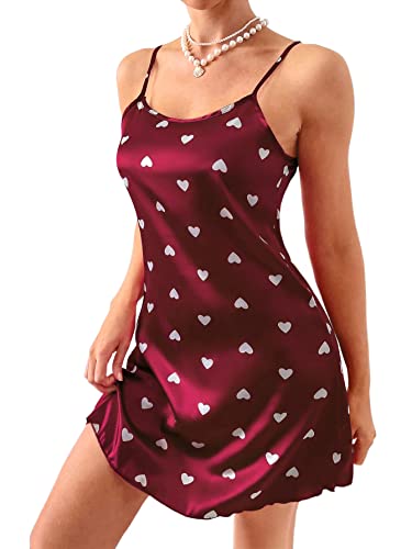 Vrtige Women's Satin Silk Heart Print Sleeveless Nightdress Chemise Nightgown Sleepwear Burgundy Small