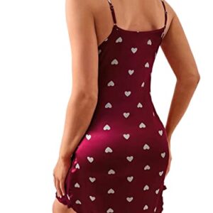 Vrtige Women's Satin Silk Heart Print Sleeveless Nightdress Chemise Nightgown Sleepwear Burgundy Small