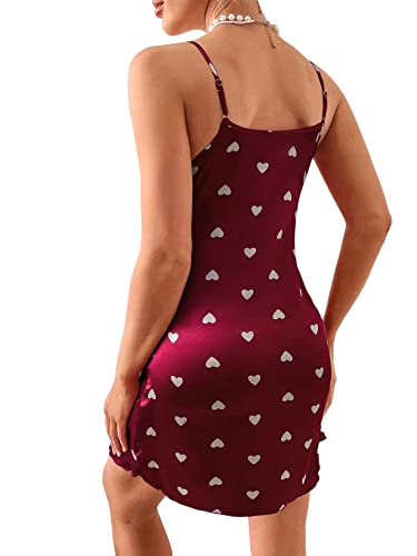 Vrtige Women's Satin Silk Heart Print Sleeveless Nightdress Chemise Nightgown Sleepwear Burgundy Small