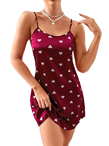 Vrtige Women's Satin Silk Heart Print Sleeveless Nightdress Chemise Nightgown Sleepwear Burgundy Small