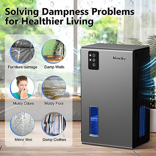 NineSky Dehumidifier for Home, 85 OZ Water Tank, (800 sq.ft) Dehumidifiers for Bathroom Bedroom with Auto Shut Off,7 Colors LED Light(Gray)