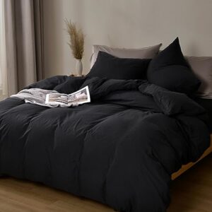phf 100% cotton duvet cover queen size, 3pcs washed cotton linen like comforter cover, soft breathable durable cooling duvet cover for hot sleepers, 90" x 90", black