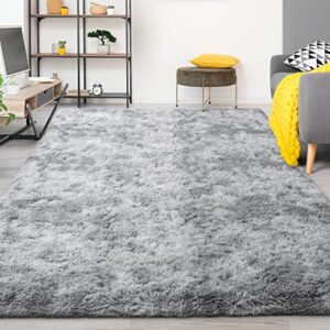 FlyDOIT Large Area Rugs for Living Room, 4x6 Feet Tie-Dyed Light Grey Shaggy Rug Fluffy Throw Carpets, Ultra Soft Plush Modern Indoor Fuzzy Rugs for Bedroom Girls Kids Nursery Room Dorm Home Decor