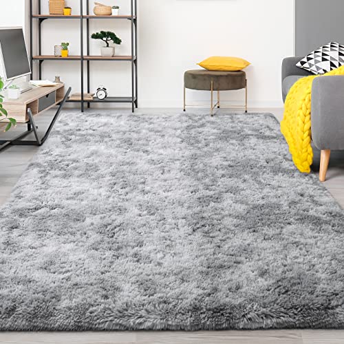 FlyDOIT Large Area Rugs for Living Room, 4x6 Feet Tie-Dyed Light Grey Shaggy Rug Fluffy Throw Carpets, Ultra Soft Plush Modern Indoor Fuzzy Rugs for Bedroom Girls Kids Nursery Room Dorm Home Decor