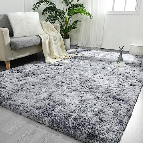 FlyDOIT Large Area Rugs for Living Room, 4x6 Feet Tie-Dyed Light Grey Shaggy Rug Fluffy Throw Carpets, Ultra Soft Plush Modern Indoor Fuzzy Rugs for Bedroom Girls Kids Nursery Room Dorm Home Decor