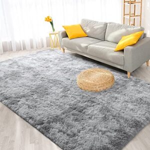 FlyDOIT Large Area Rugs for Living Room, 4x6 Feet Tie-Dyed Light Grey Shaggy Rug Fluffy Throw Carpets, Ultra Soft Plush Modern Indoor Fuzzy Rugs for Bedroom Girls Kids Nursery Room Dorm Home Decor