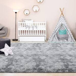 FlyDOIT Large Area Rugs for Living Room, 4x6 Feet Tie-Dyed Light Grey Shaggy Rug Fluffy Throw Carpets, Ultra Soft Plush Modern Indoor Fuzzy Rugs for Bedroom Girls Kids Nursery Room Dorm Home Decor