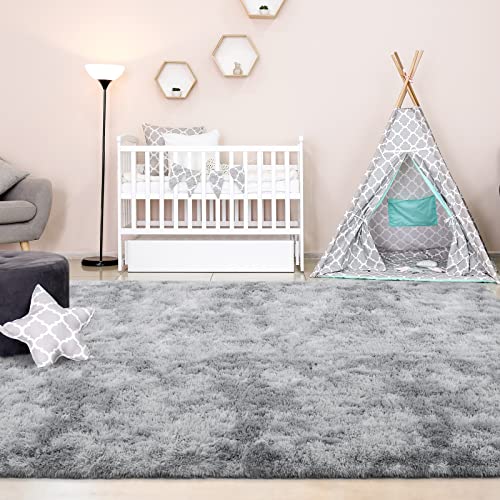 FlyDOIT Large Area Rugs for Living Room, 4x6 Feet Tie-Dyed Light Grey Shaggy Rug Fluffy Throw Carpets, Ultra Soft Plush Modern Indoor Fuzzy Rugs for Bedroom Girls Kids Nursery Room Dorm Home Decor